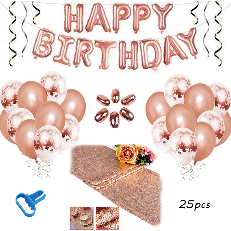 

25pcs Rose Gold Decoration Party Supplies Happy Birthday Balloons Rose Gold Table Runner Birthday Party Decorations Adult