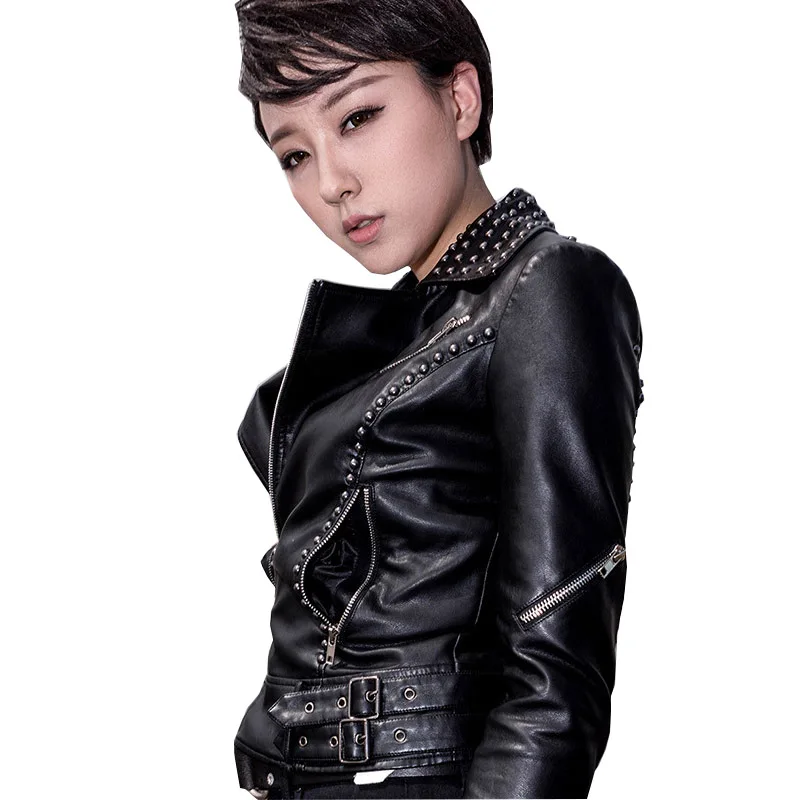 

New Hot Autumn Plus Size Black Pink Punk Jacket Women Beading Motorcycle Jackets Rivet Studded Spiked Faux Leather Jackets