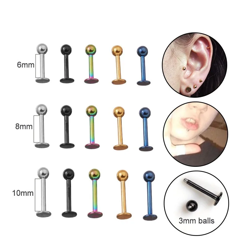 

Sellsets 5pcs/lot 6/8/10mm 16G Surgical Steel Ball Labret Stud Lip Piercing Tragus Lobe Conch Forward Helix Cartilage Earrings