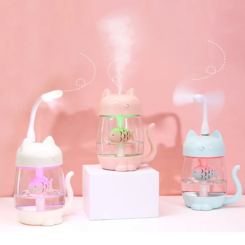 

3 in 1 350ML USB Cat Air Fresheners Air Humidifier Ultrasonic Cool-Mist Maker With LED Light Mini USB Fan for Home Office Decor