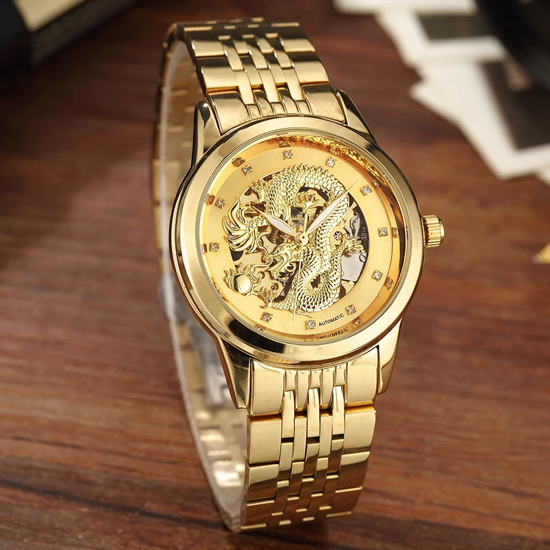 Luxury Dragon Skeleton Automatic Mechanical Watches For Men Wrist Watch Stainless Steel Strap Gold Clock Waterproof Mens relogio