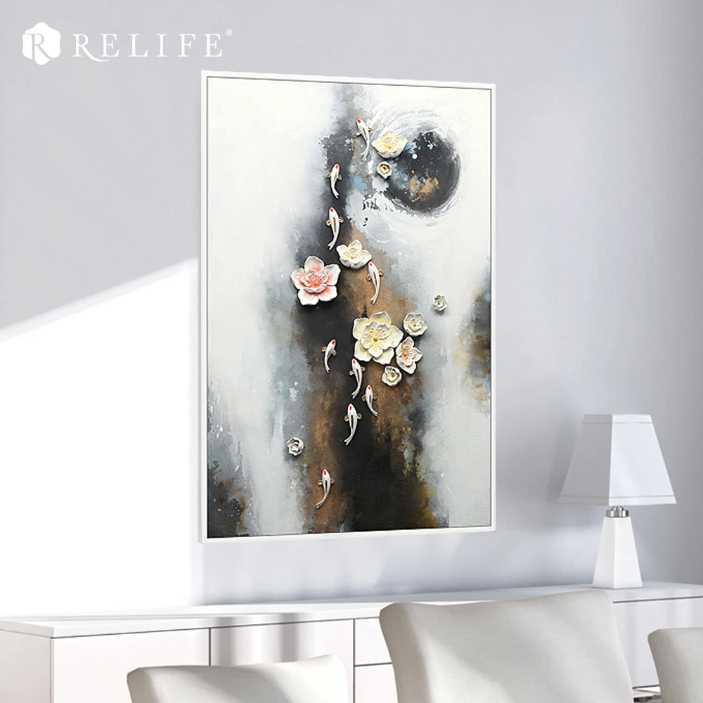 

Framed 100% Handmade Resin Oil Paintings on the Wall Room Decoration Fish Swimming in Beautiful River