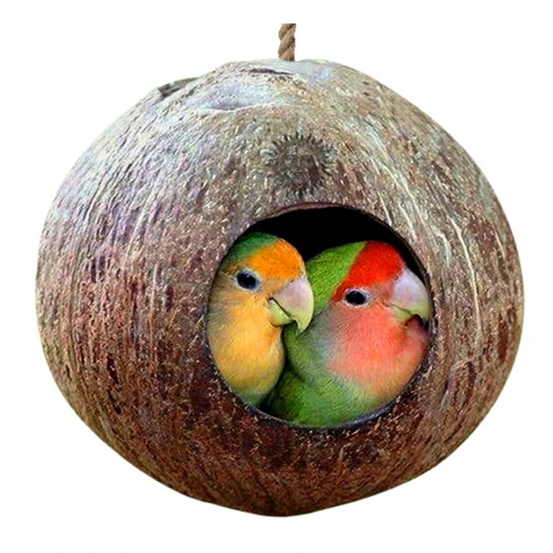 Natural Coconut Shell Bird Nesting House Cage with Hanging Lanyard for Small Pet Parakeets
