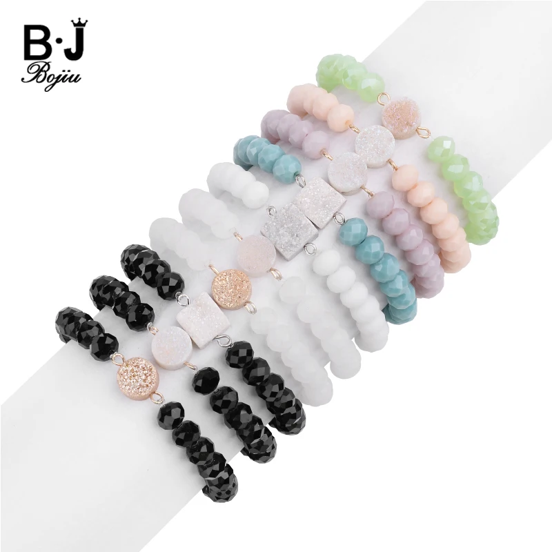 

Boho Natural Quartz Druzy Stone Bracelets For Women Elastic Faceted White Mint Green Black Sky Blue Small Crystal Bracelet BC327