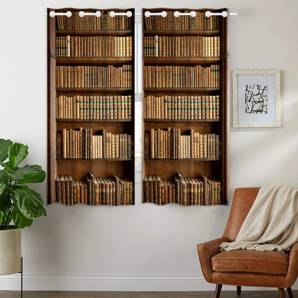 

HommomH Curtains (2 Panel) Grommet Top Darkening Blackout Room Wood Grain Bookshelf Gray