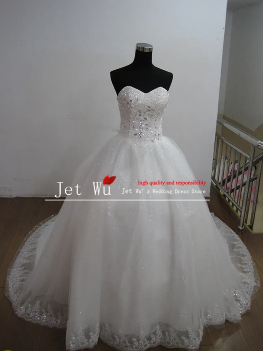 Real sample ball gown sweetheart bling crystal tulle skirt wedding dress 2014 from china