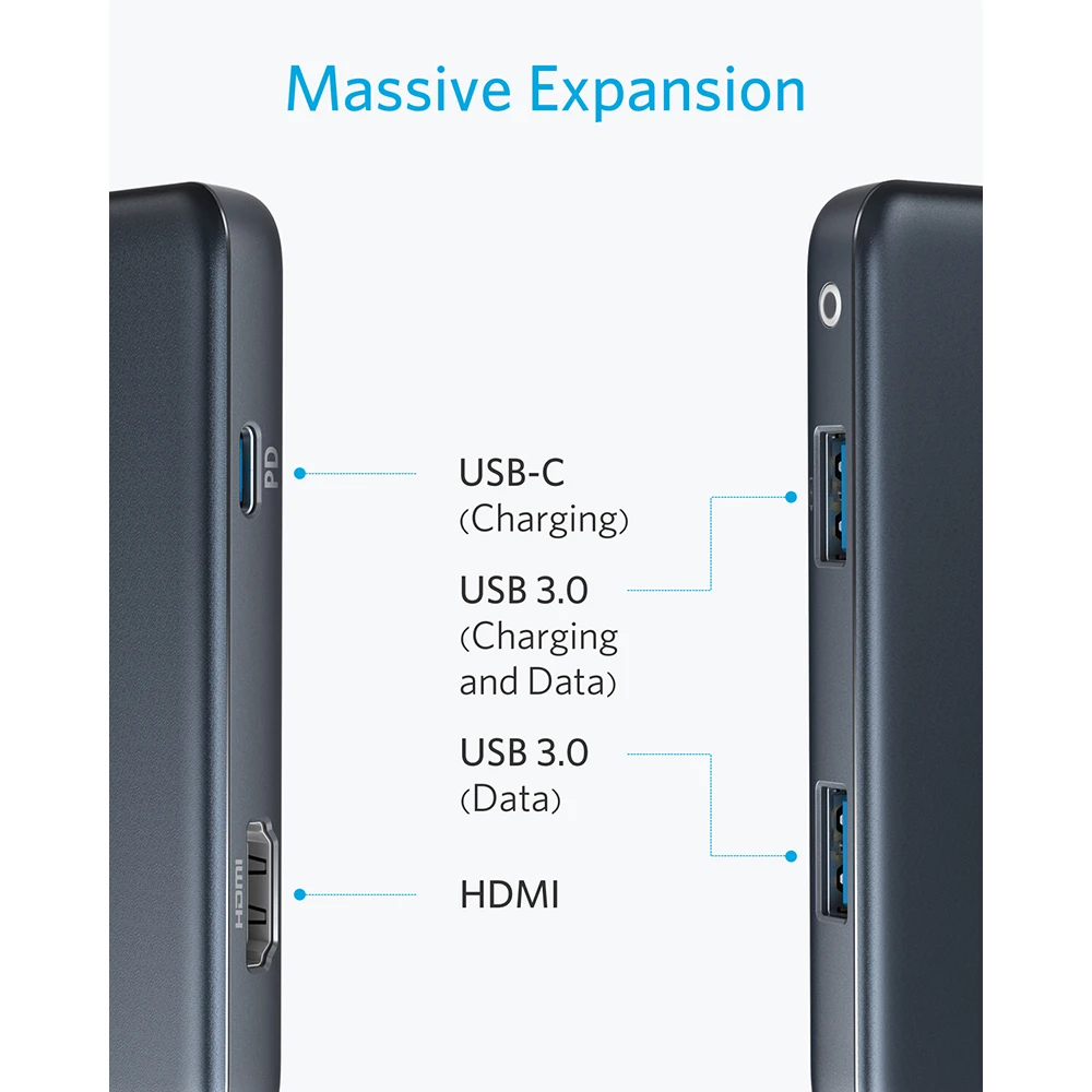 Anker USB C концентратор, 4 в 1 взаимный обмен данными между компьютером и периферийными устройствами C адаптер переменного тока, 4K кабель-Переходник USB C на HDMI, с 2 портами(стандарт 3,0 Порты, 60 Вт Мощность доставки зарядки Порты и разъёмы для MacBook Pro и многое другое