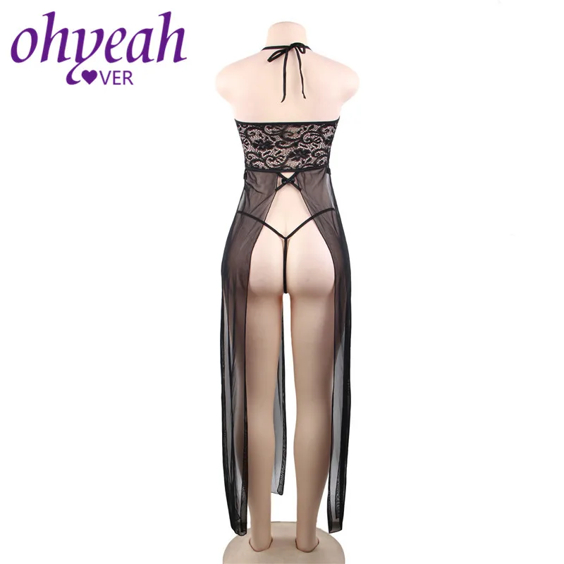 Ohyeahlover Sexy Long Lingerie Dress Babydolls Hollow Out Erotic Costumes Lace Women Dress For Sex Plus Size Split Gown RM80666