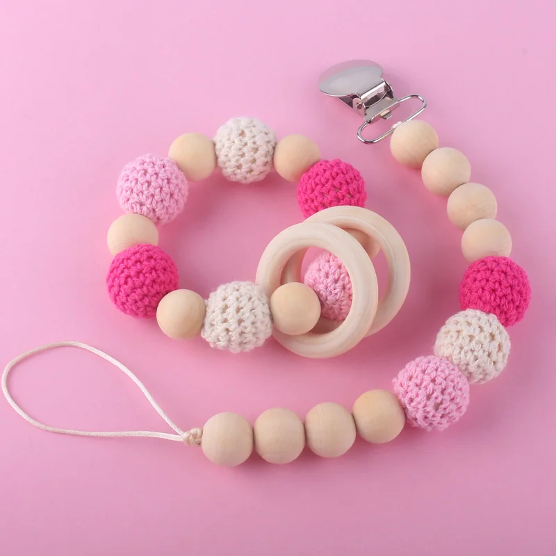 

Kids Baby Girl Nipple Pacifier Chain Soother Clip and Wooden Teething Ring