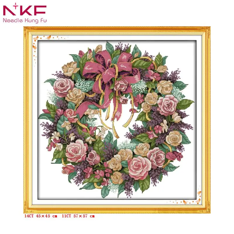 

NKF A wreath of roses Flowers cross stitch painting pattern printed on the canvas Chinese embroidery set diy DMC 14ct needlework