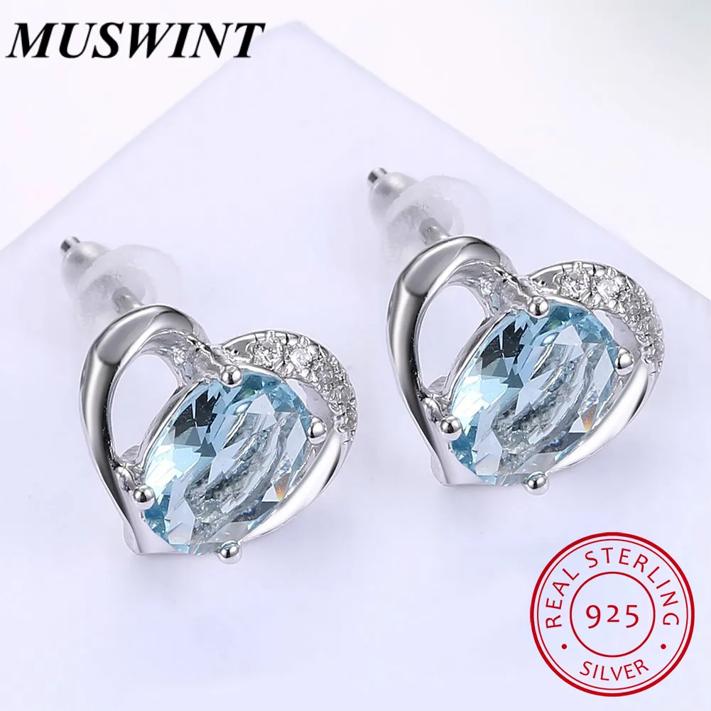 MUSWINT 925 Sterling Silver Sky Blue Crystal Heart Stud Earrings with CZ Zircon for Women Girl Female Jewelry Wedding Gift ME153 | Украшения