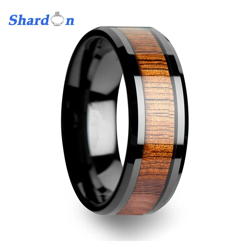 

SHARDON 8MM Black Tungsten Carbide Ring with Hawaiian KOA Wood Inlay Promise Engagement Wedding Band fashion rings for men