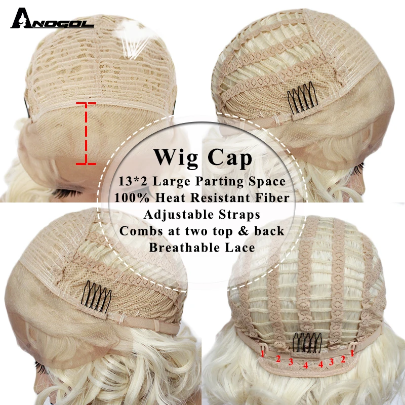 Anogol High Temperature Fiber Deep Peruca Perruque Short Body Wave Full Hair Wigs Platinum Blonde Bob Synthetic Lace Front Wig