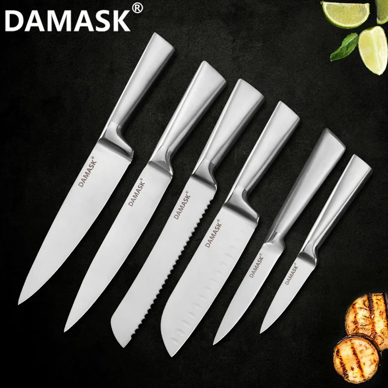 Дамасский Европейский нож для очистки овощей Santoku для нарезки хлеба шеф-повара, нож для мяса, набор кухонных ножей 3Cr13Mov, набор ножей из нержавеющей стали - Цвет: 6 PCS