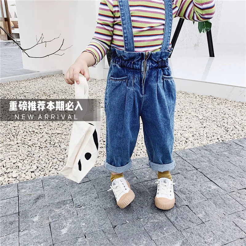 

2019 autumn new children wide leg high waist lace cowboy belted pants toddler kids cowboy suspender trousers baby denim jeans