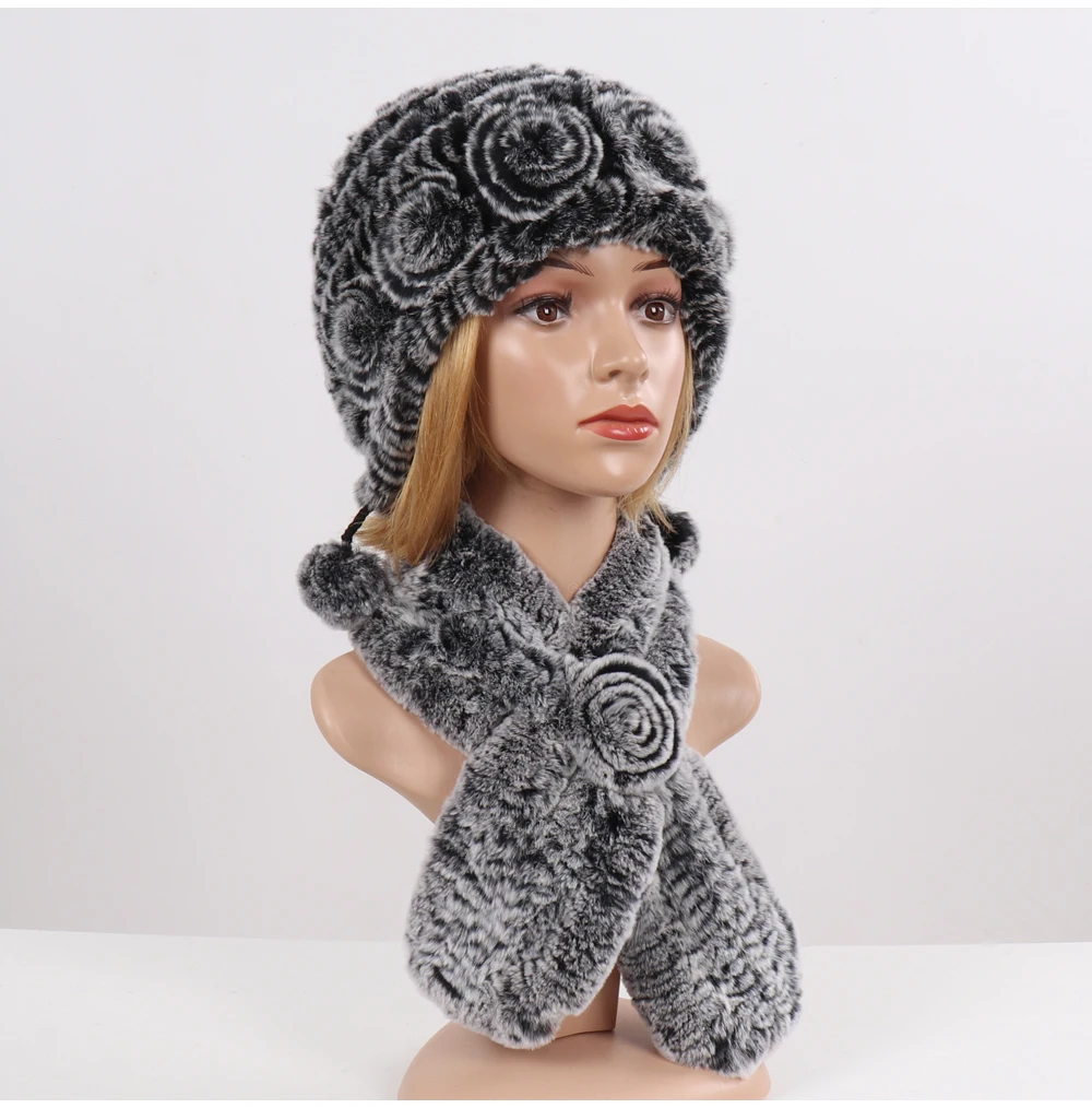 Зимние вязаные натуральный мех шапки наборы шарфов для женщин теплый Настоящий мех кролика шапка шарф натуральный мех 2 шт шапка шарф