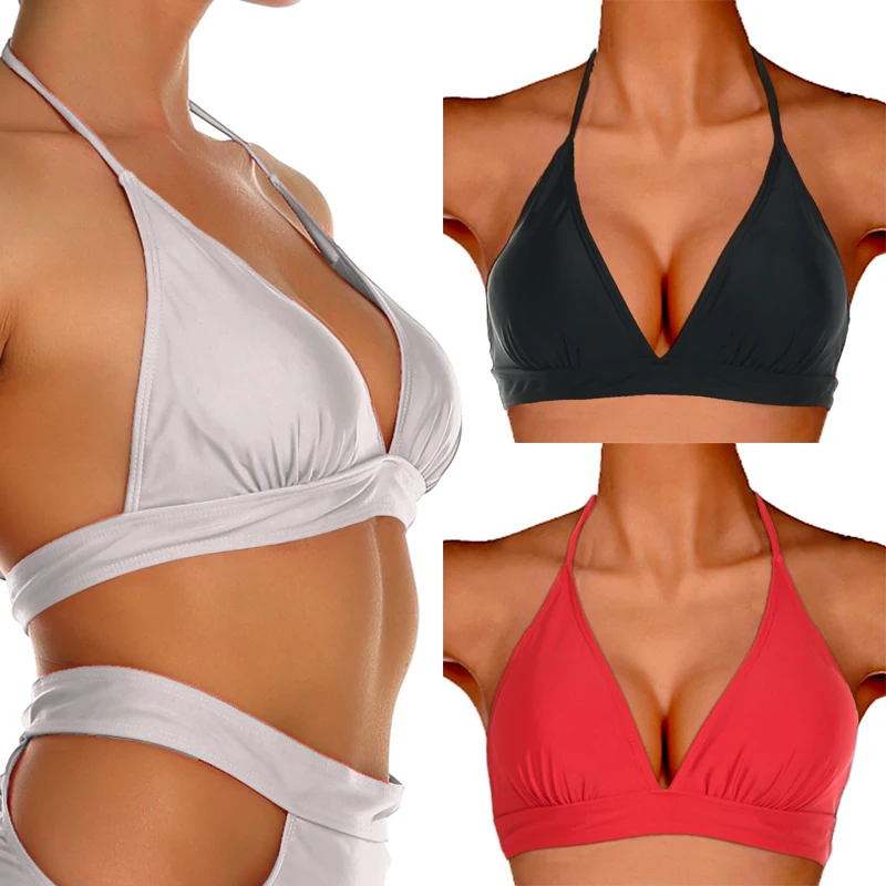 

Sexy Women Padded Bandage Bikini Top Triangle Halter Swimwear Swimsuit Solid Color ladies Push up Adjustable Beachwear Only Top