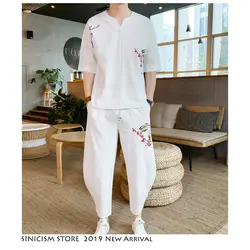 Sinicism магазин спортивный костюм для мужчин 2019 s Лето Вышивка Хлопок Лен свитшоты мужской уличная Китайский Винтаж комплекты из 2 предметов