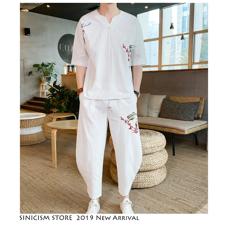 

Sinicism Store Tracksuit Men 2019 Mens Summer Embroidery Cotton Linen Sweatsuits Male Streetwear Chinese Vintage 2 Piece Sets