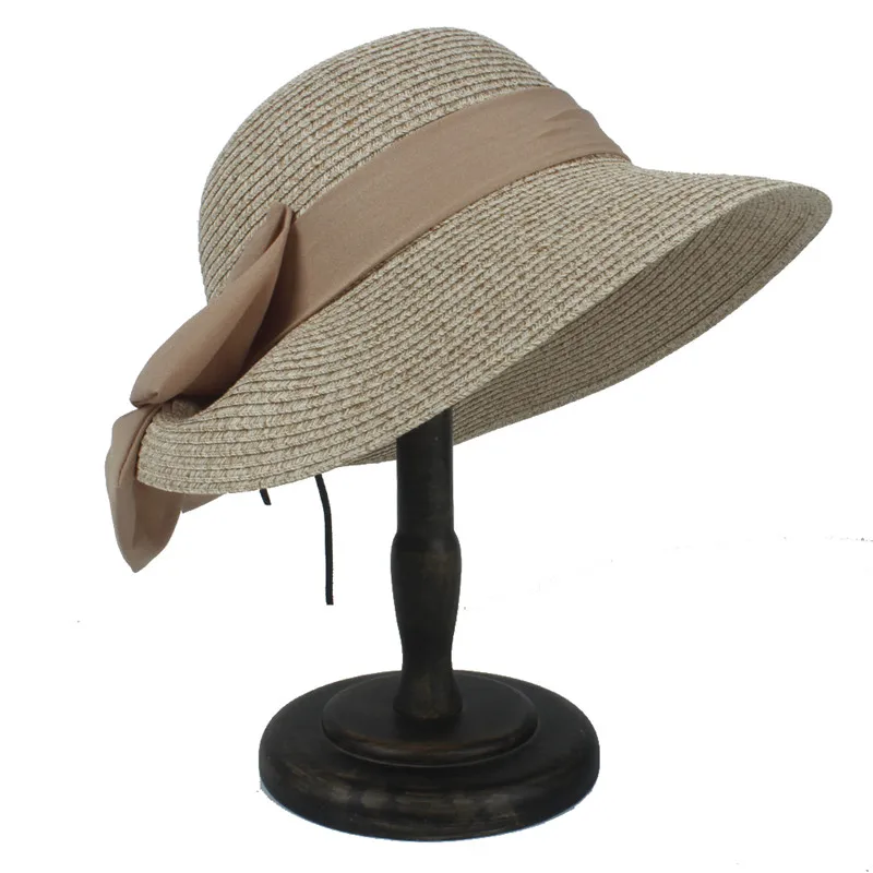 Соломенная Летняя женская пляжная шляпа от солнца для элегантной леди королева с широкими полями котелок, Панама Солнцезащитная шляпа с модным бантом