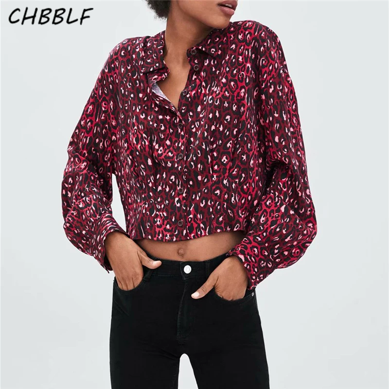 CHBBLF women leopard print loose blouses red animal pattern long sleeve ...