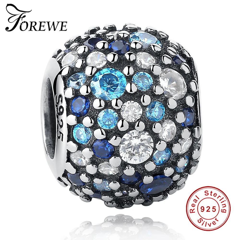 

FOREWE Real 925 Sterling Silver Charm Blue Clear CZ Round Beads Shape for Clips Fit Original Pandora Charms Bracelet Jewelry