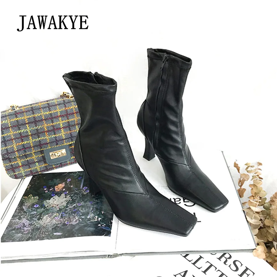 JAWAKYE/ботильоны на высоком каблуке с квадратным носком; женские модные короткие вечерние ботинки из зеленой замши; женская зимняя обувь из натуральной кожи черного цвета