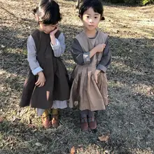 INS/осень, хлопковые и льняные платья для девочек модное платье без рукавов для девочек Повседневное платье в Корейском стиле, одежда для маленьких девочек