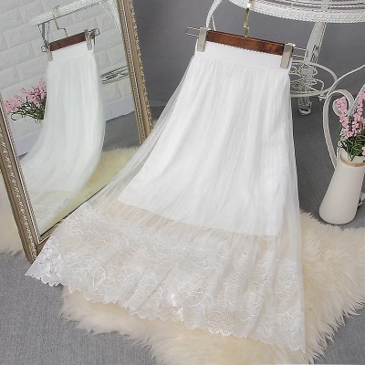 B3214 Лето новая Корейская версия женская модная кружевная сетчатая юбка с высокой талией из тонкого тюля А-силуэта с подкладкой дешевая - Цвет: Белый