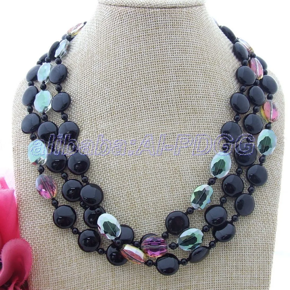 

20" 3 Strands Round Coin Onyx Faceted Crystal Necklace