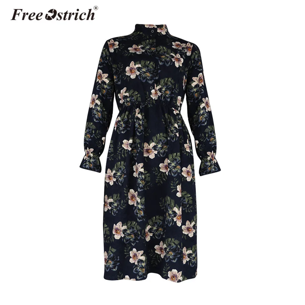 

Free Ostrich Dress Womens 2019 Spring Printed Vintage Elastic Waist Stand Neck A-Line Long Sleeve Dresses Dropshipping L2130
