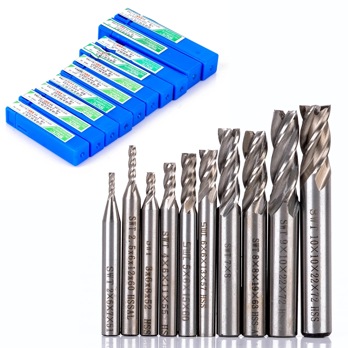 10pcs Set HSS Aluminum 4 Flute End Mill CNC Tools Milling Drill Bits Cutter For Power