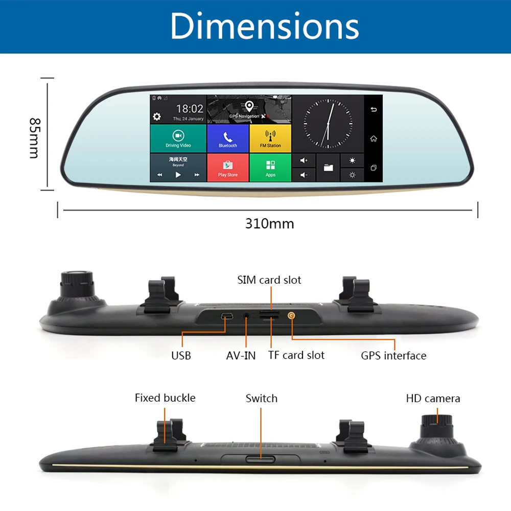 Junsun Android 5.0 Car DVR 3G Rearview Mirror Dual Lens Recorder Camera Full HD 1080P Dash Cam 6.5\