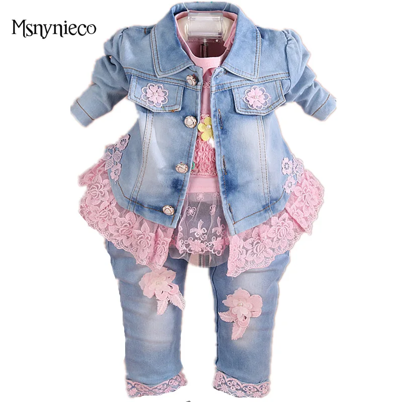 Baby Girl Clothes Sets 2018 Brand Autumn Fashion Lace Floral Denim Jacket+T-shirt+Jeans 3pcs Kids Suits Infant Baby Clothing Set new 3pcs children clothes set fashion t shirt denim pants headband autumn clothing sets for girls jeans crianca roupas