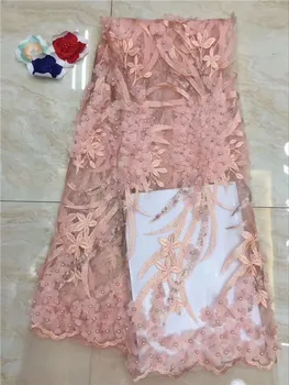 

Elegant peach with 3D appliques tulle lace fabric French net lace fabric wih beads for evening dress PNZ727(5yards/lot)