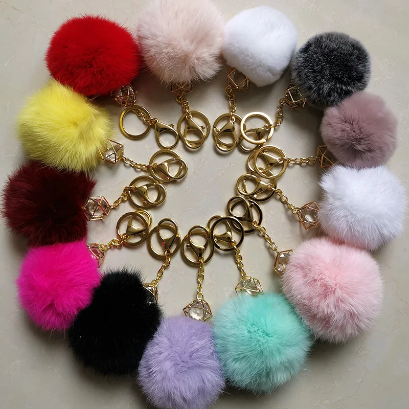 

NianFox 1PC Creative Crystal Cute Real Rabbit Fur Ball KeyChain PomPom Charms Fluffy KeyRings For Bag BackPack Mobile Pendant