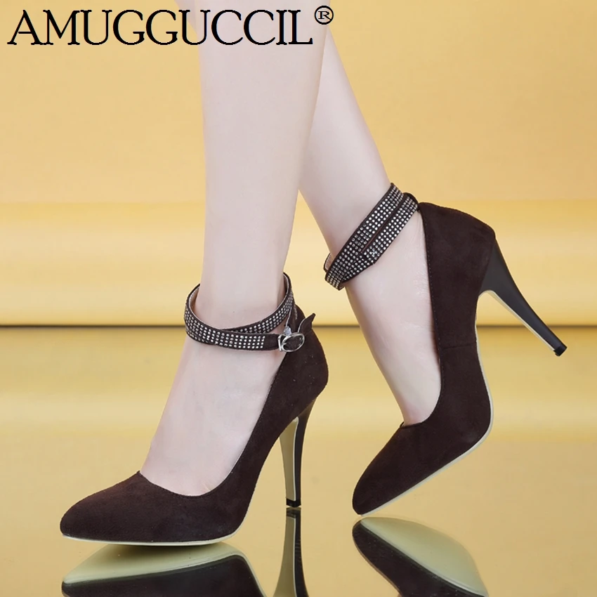 

2019 New Plus Big Size 33-45 Brwon Black Wine-red Buckle Fashion Sexy High Heel Spring Females Lady Shoes Womens Pumps D1044