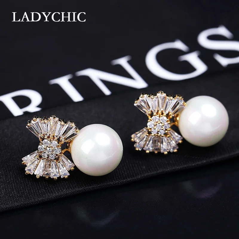 Женские серьги с пресноводным жемчугом LADYCHIC золотистые и Серебристые бантом