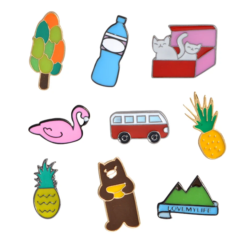 

1pcs Metal Enamel Pins Mineral Water Bottles Car Bus Pineapple Bear Swan Kitten Cat Mountain Tree Brooch Bag Jacket Collar Badge