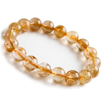 

12mm Brazil Natural Yellow Gold Rutilated Quartz Crystal Stretch Clear Round Bead Bracelet Just One