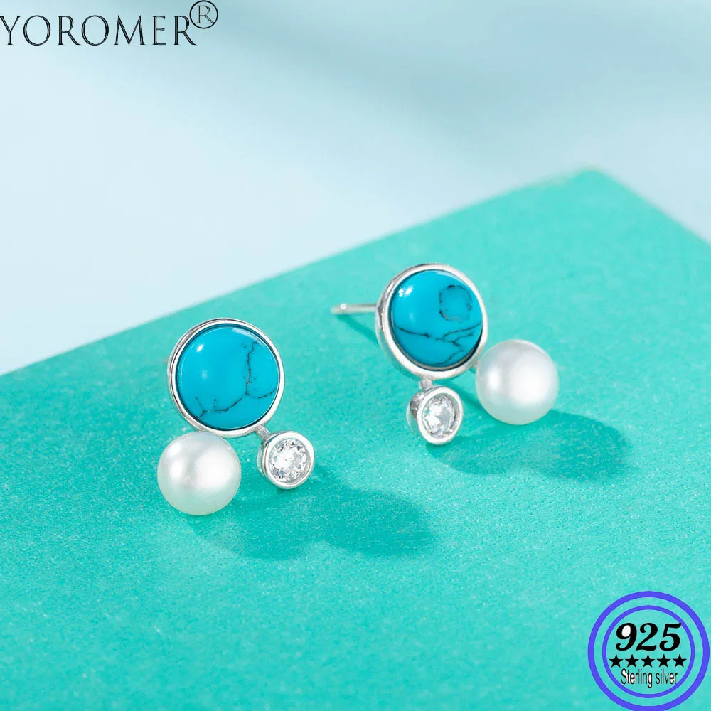 

YOROMER 925 sterling silver earrings Turquoise small pearl stud earrings women zirconia earring fashion Jewelry girls white