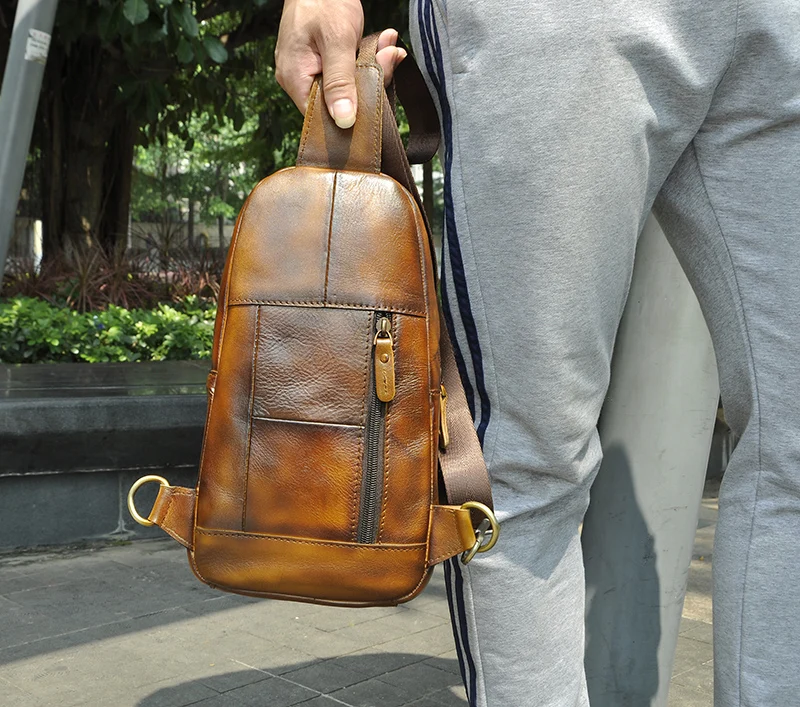 Для мужчин оригинальный кожаный Повседневное мода Грудь Sling сумка коричневый Дизайн путешествия Треугольники одно плечо Креста тела сумка