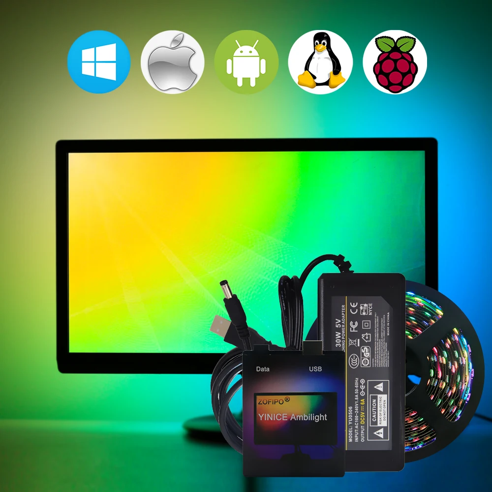 

easy DIY Ambilight RGB LED Strip light 5050 HDTV TV Raspberry Pi Desktop PC Screen light ws2812b Tape 1M ~ 5M kit NO soldering