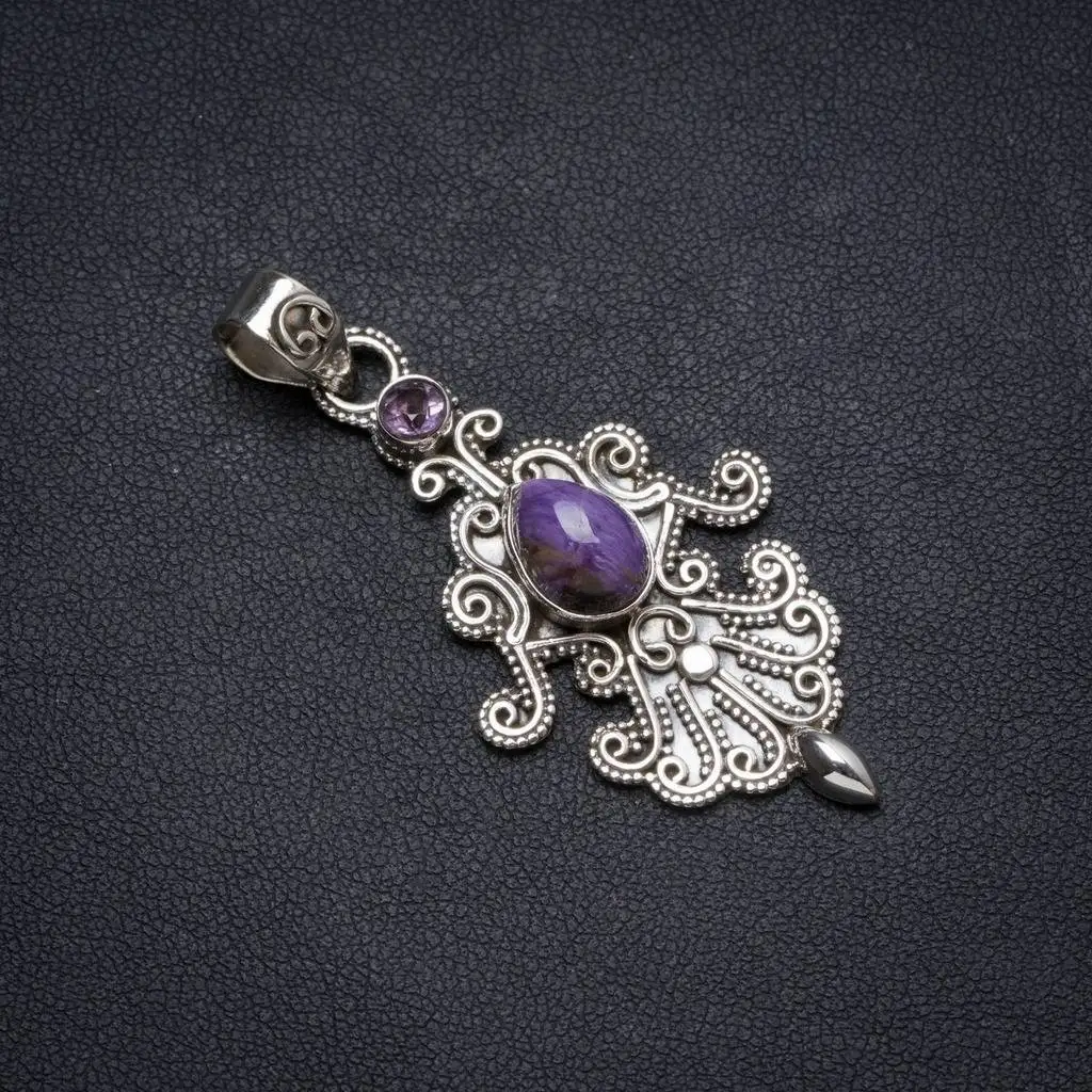

Natural Charoite andAmethyst Handmade Unique 925 Sterling Silver Pendant 2.25" X0695