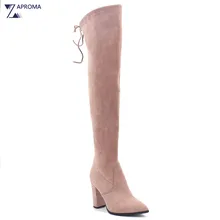 

Women Lace Up Suede Block Heel Boots Over the Knee Pointed Toe Winter Spring Chunky Heel Pink Brown Black Navy Blue Velvet Shoes