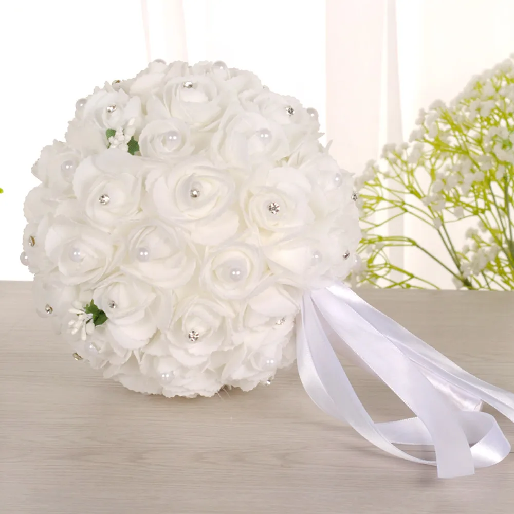 Свадебный букет Искусственный цветок розы Букет Кристалл Свадебные букеты красивые белые цвета слоновой кости невесты цветок