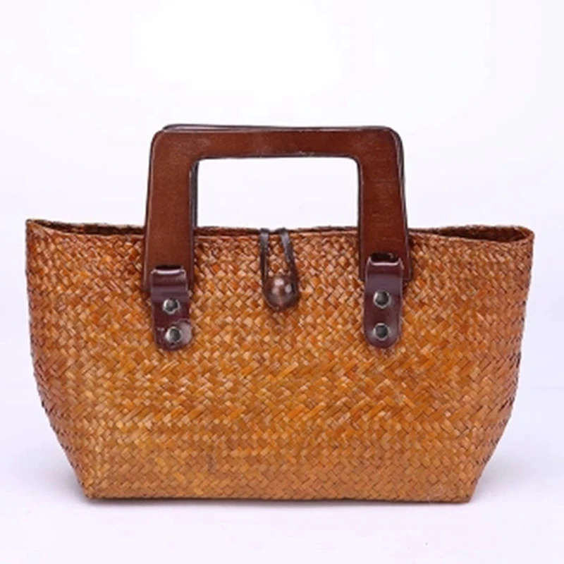 

FGGS-Thai Version Of The Hand-Woven Bread Straw Bag Woven Bag Wooden Handle Retro Ladies Handbag Beach Bag