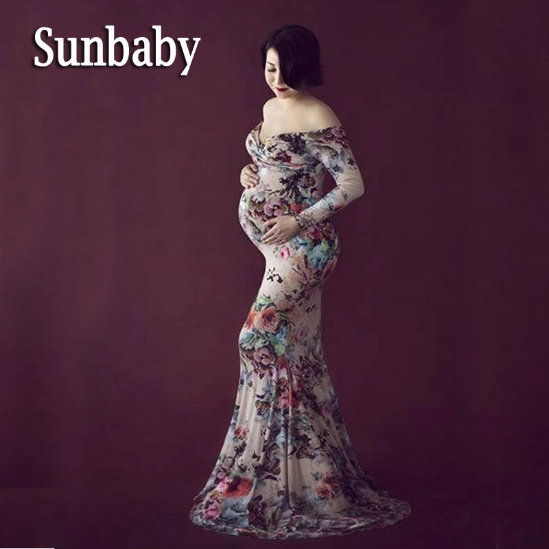 Sunbaby/элегантные модные платья для беременных с длинным низом и цветочным принтом; одежда для фотосъемки для беременных женщин