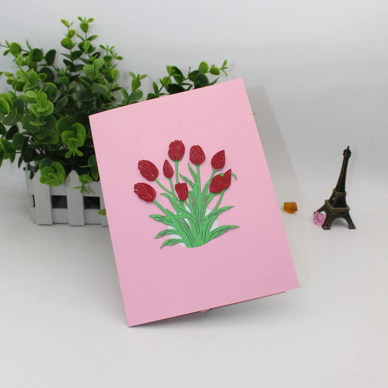  3D Laser Cut Handmade Tricolor Tulip Paper Invitation Greeting Cards Blessing Card Mother's Day Tea - 32891062871