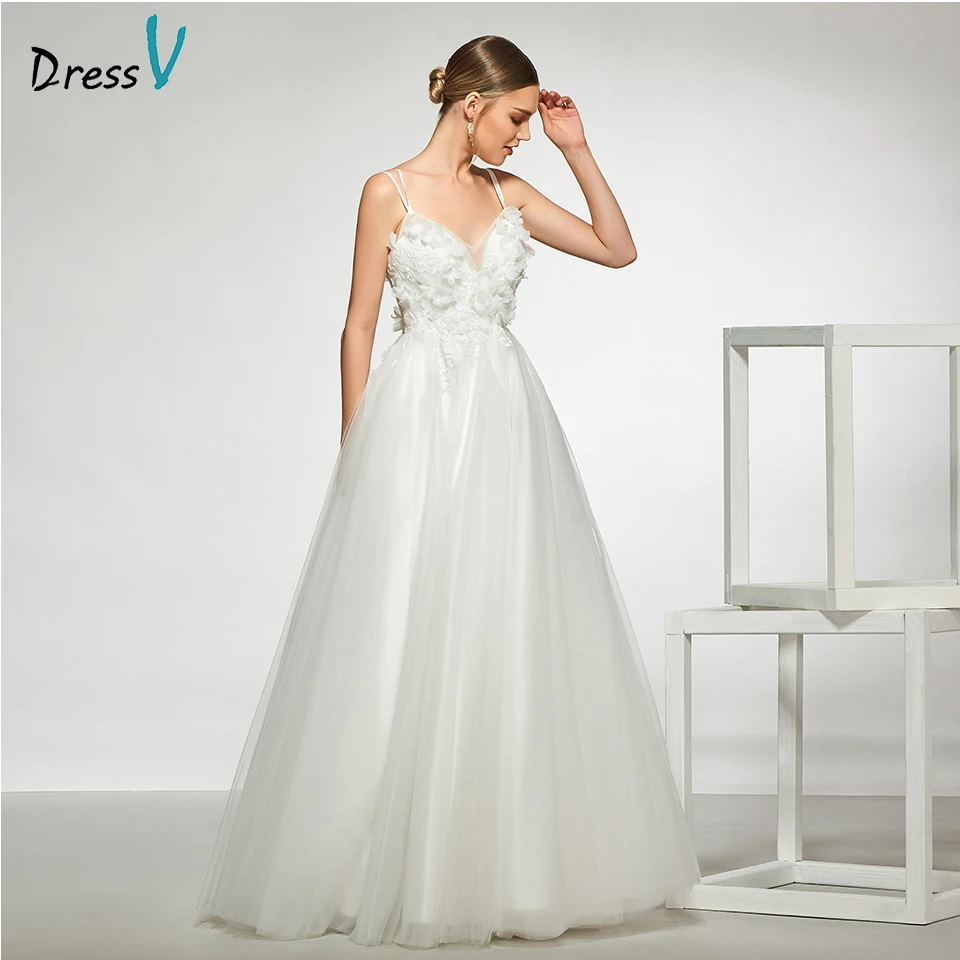 

Dressv elegant spaghetti straps lace up appliques flower wedding dress a line floor length simple bridal gowns wedding dress